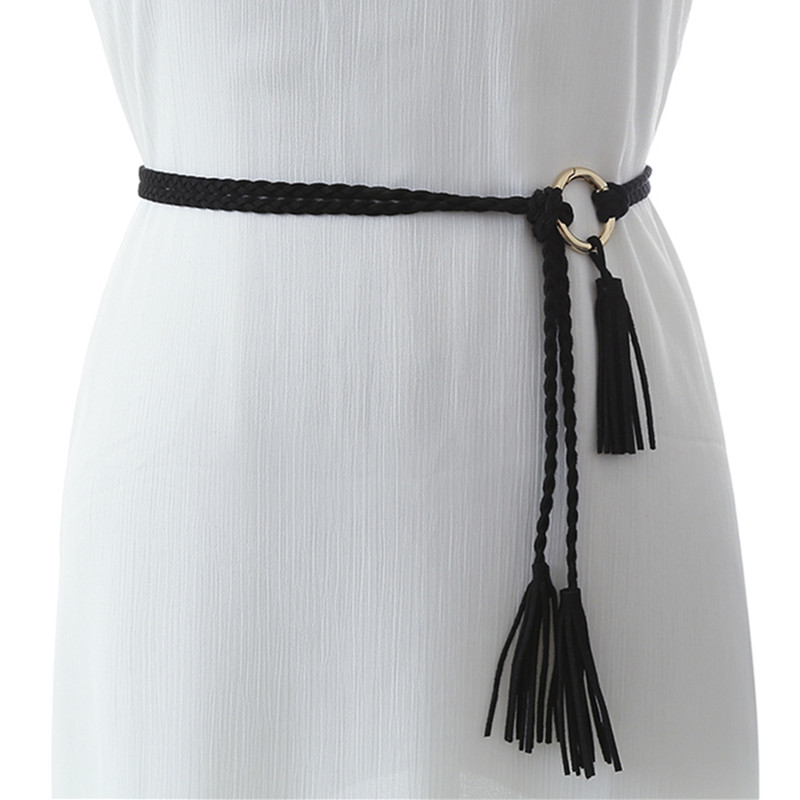 女士装饰细腰带手工编织腰绳女简约连衣裙子配饰流苏 腰绳黑色圆环