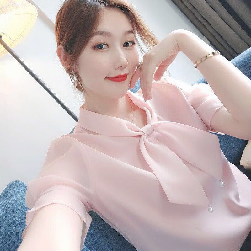 妙格森女士夏季衣服新款高档雪纺衫女上衣洋气小衫女宽松蝴蝶结短袖上衣 粉色 2XL 126-135使用感如何?