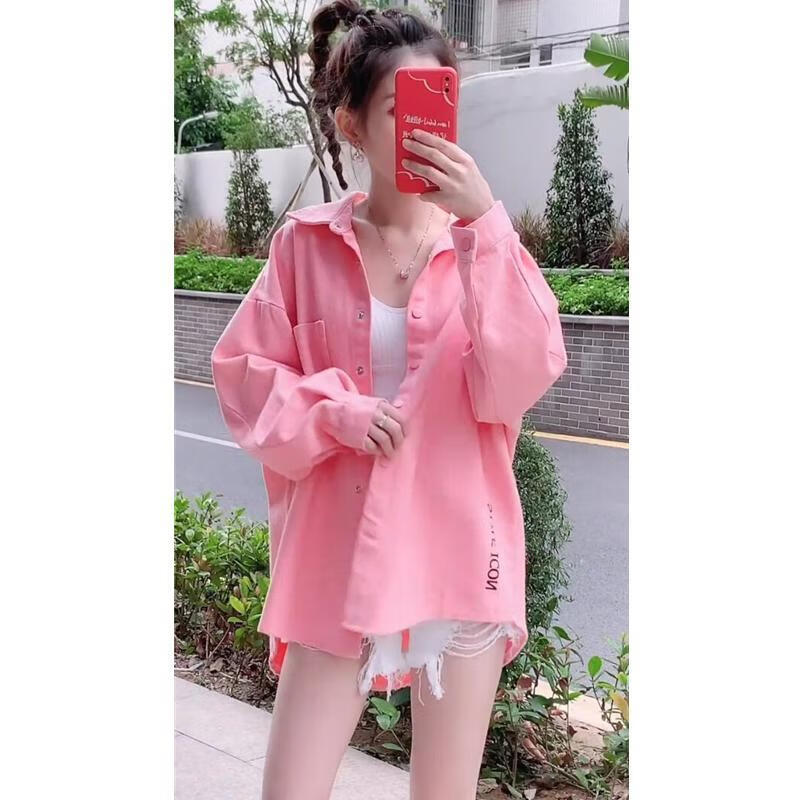 lanweifeilei春季新款韩版盐系牛仔外套女宽松设计感衬衫薄款粉色长袖