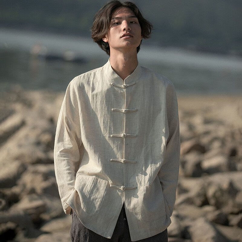 PZGZ唐装男潮牌复古青年中国风亚麻衬衫长袖棉麻中华立领中山衬衣服民 米白 M属于什么档次？