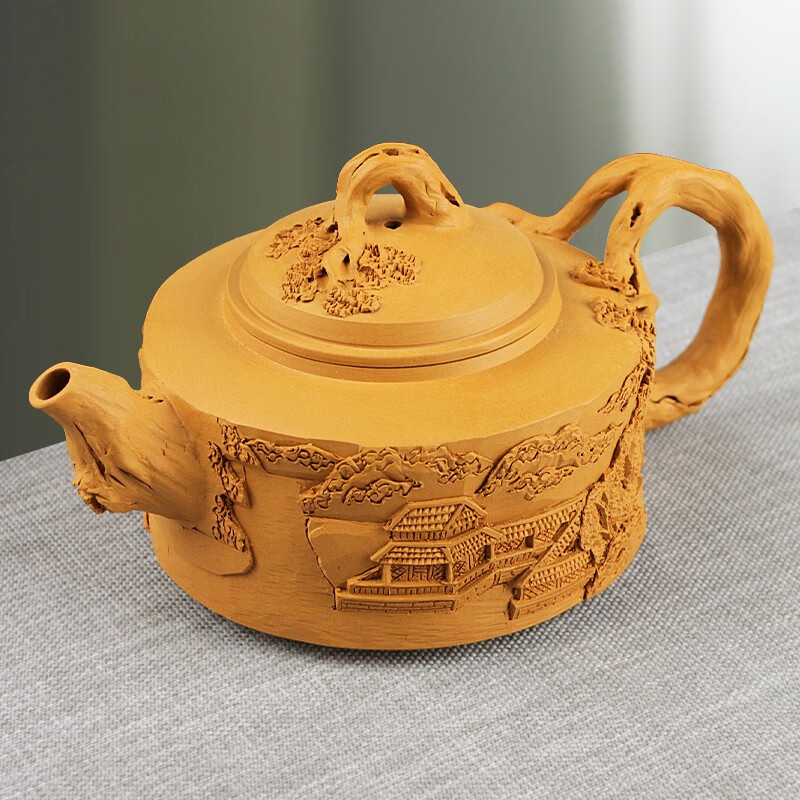 紫砂壶段泥山水浮雕壶泡茶壶单壶泡茶器功夫茶具配件 山水人家德忠壶