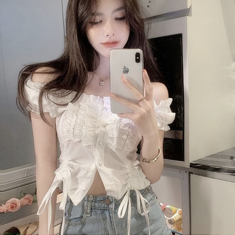 木西十心机t恤女夏短袖设计感锁骨一字肩上衣纯欲性感短款洋气卡腰