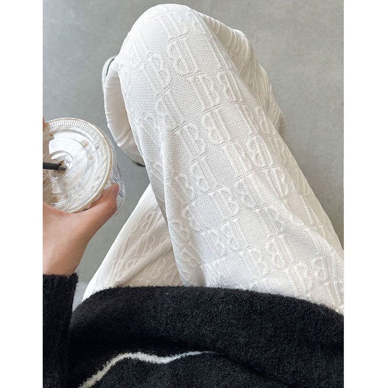 百伦比尔窄版阔腿裤女夏季新款印花设计感高腰垂坠感拖地长裤 白色 S