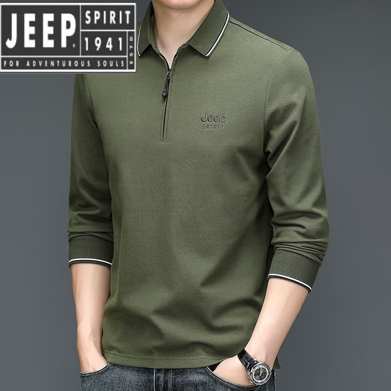 JEEP SPIRIT2024春秋裝半開拉鏈翻領polo男中年薄款透氣長袖T恤打底衫 軍綠色 2XL 建議170-185斤