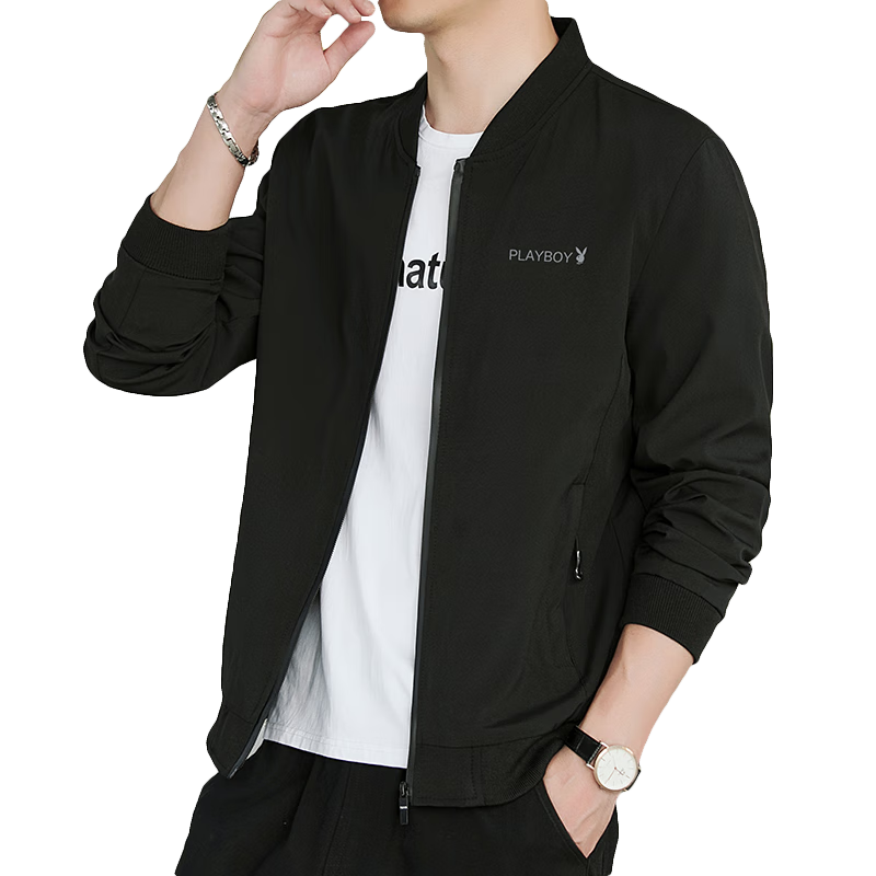 花花公子（PLAYBOY）夹克男士外套男装秋冬季上衣服休闲潮流修身棒球服 黑色加绒 2XL