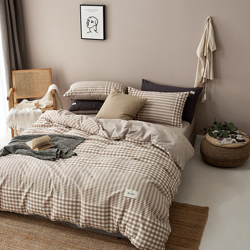 男生四件套全棉水洗棉床笠款日式无印风学生宿舍床上用品 不等格咖