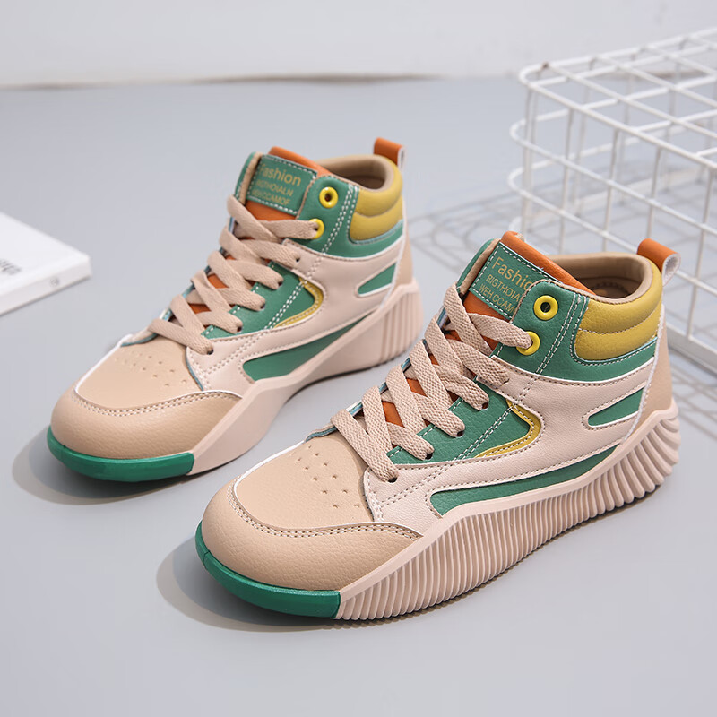 f-tea好看便宜散步鞋超软阿甘鞋女2022皮面拼色高邦高腰中帮女鞋软底