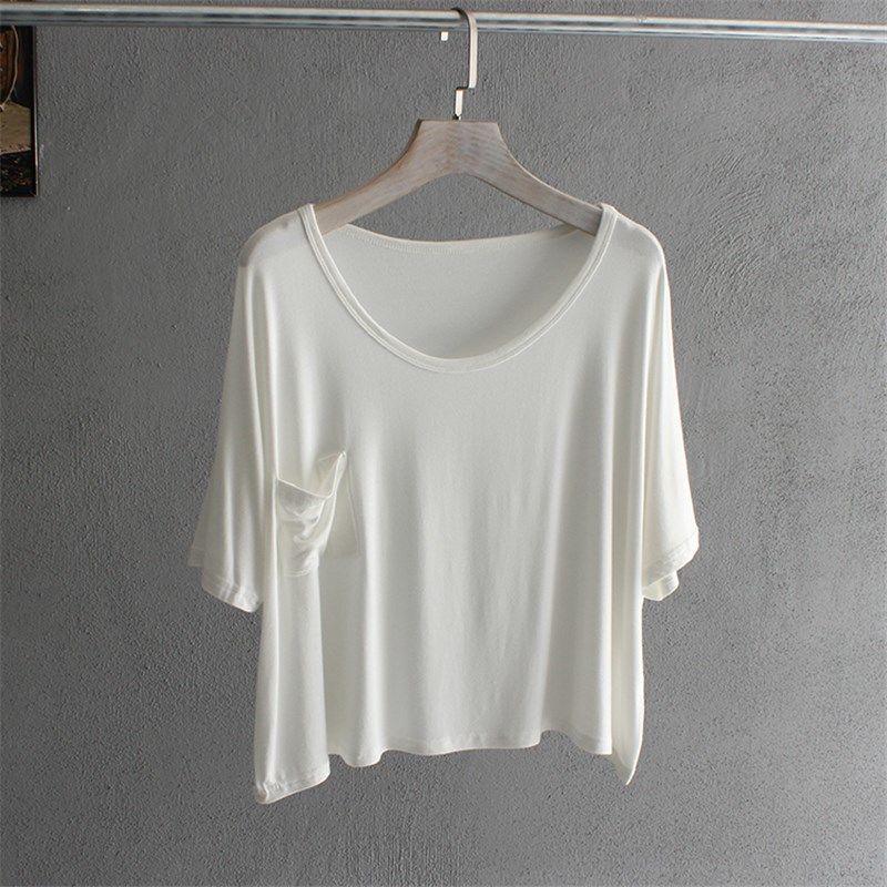 月袖宽松大版莫代尔短袖薄款圆领t恤女夏季短款罩衫上衣黑色/白色