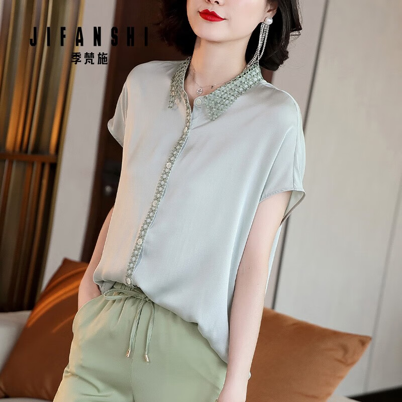 品牌缎面衬衫女夏季新款宽松休闲衬衣设计感小众翻领短袖上衣 淡青色