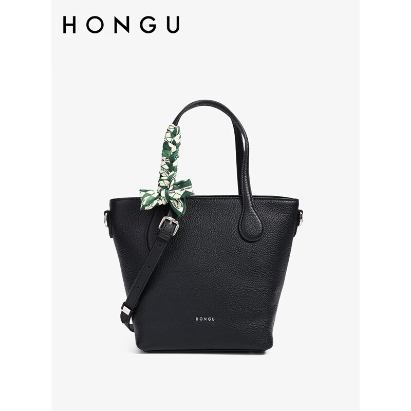 红谷(hongu)女包休闲百搭单肩包头层牛皮手提包女妈妈包手拎包 漆黑