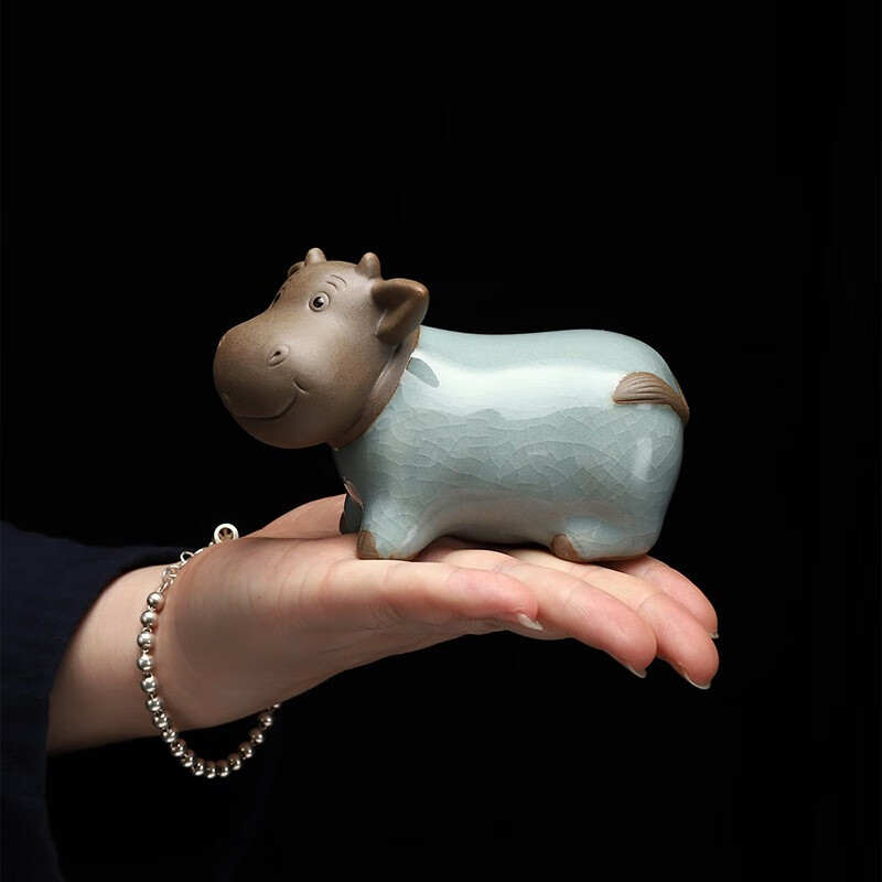 茶宠摆件开片可养茶趣精品手工茶玩办公茶桌茶摆件 哥窑茶宠 萌牛-趴