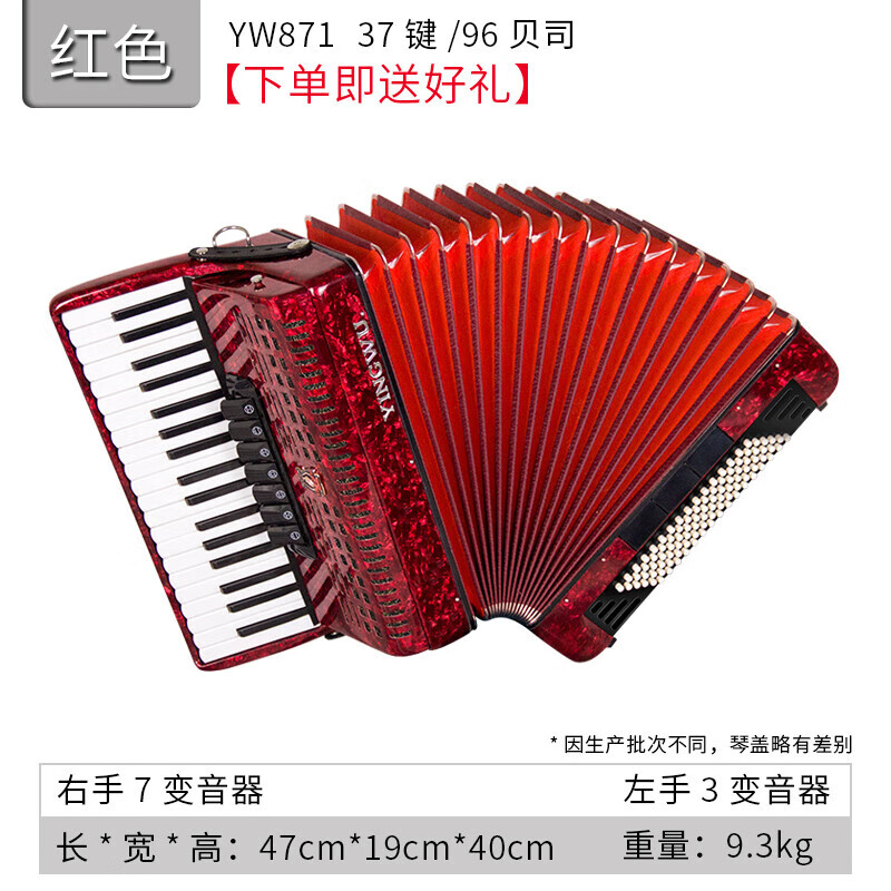 欢笛（HUANDI）鹦鹉手风琴 鹦鹉牌 YW-871 手风琴37键96贝斯成人考级初学演奏初 红色