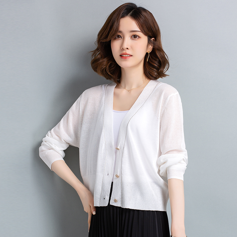 歌米拉 冰丝针织开衫外套女士夏装短款小外搭薄款披肩空调衫 白色 m