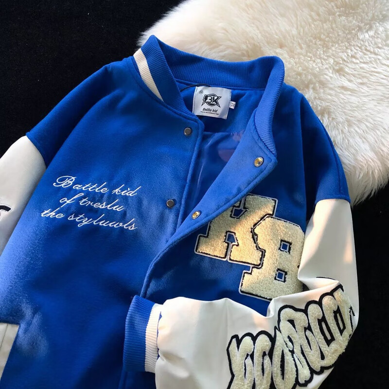 因蓝棒球服外套女潮ins秋冬百搭宽松短外套女学生 537蓝色双层带内里