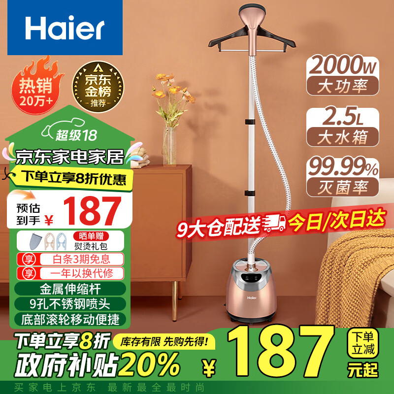 海尔（Haier）挂烫机家用2.5L大功率熨烫机手持立式蒸汽衣物护理机服装店高温杀菌烫衣机电熨斗HGS-2510B