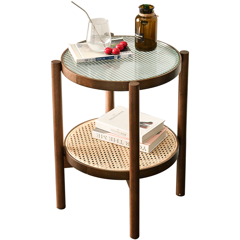 艺柳园 北欧圆形玻璃茶几组合家用小户型客厅藤编网红创意茶几简约小圆桌 【轻奢款】小号胡桃色