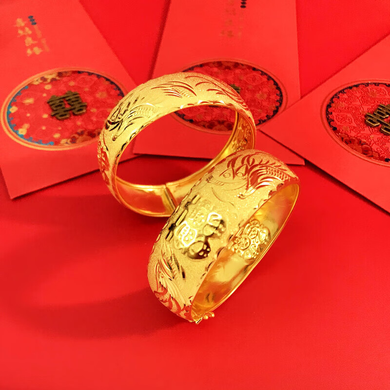 龙凤手镯结婚三金细轻薄公仔喜字镀越南沙金龙凤镯 龙凤手镯单只价格