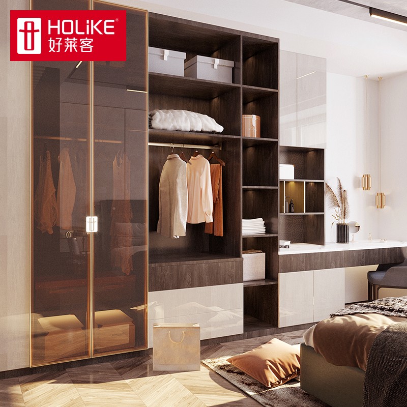 好莱客衣柜定制 现代简约轻奢卧室衣帽间衣橱 平开门卧室大衣柜 茶色