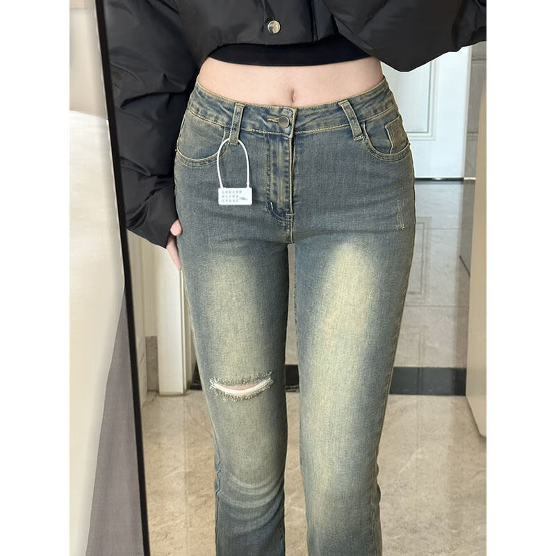 恪信少女高腰阔腿破洞牛仔裤女韩系复古蓝破洞微喇牛仔裤子女2024秋季