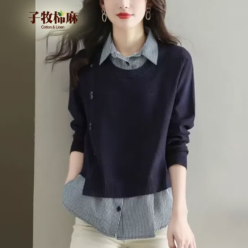 子牧棉麻2023秋装 女韩版衬衫拼接假两件宽松设计感休闲针织衫上衣1613 深蓝 均码(建议90-145斤)怎么样,好用不?