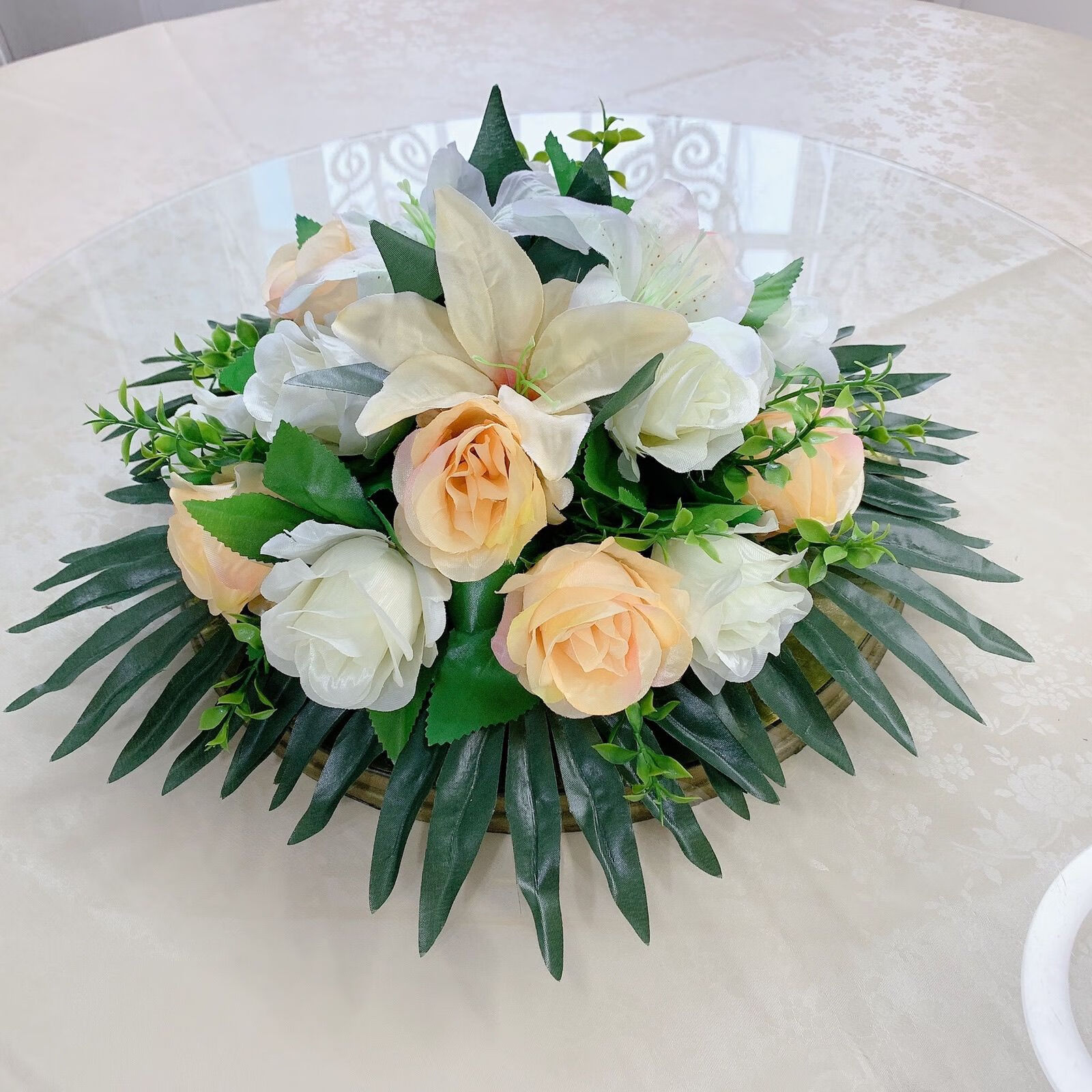 子木雅居酒店餐桌花高档仿真花大圆桌摆花转盘餐桌花艺玫瑰绢花台花