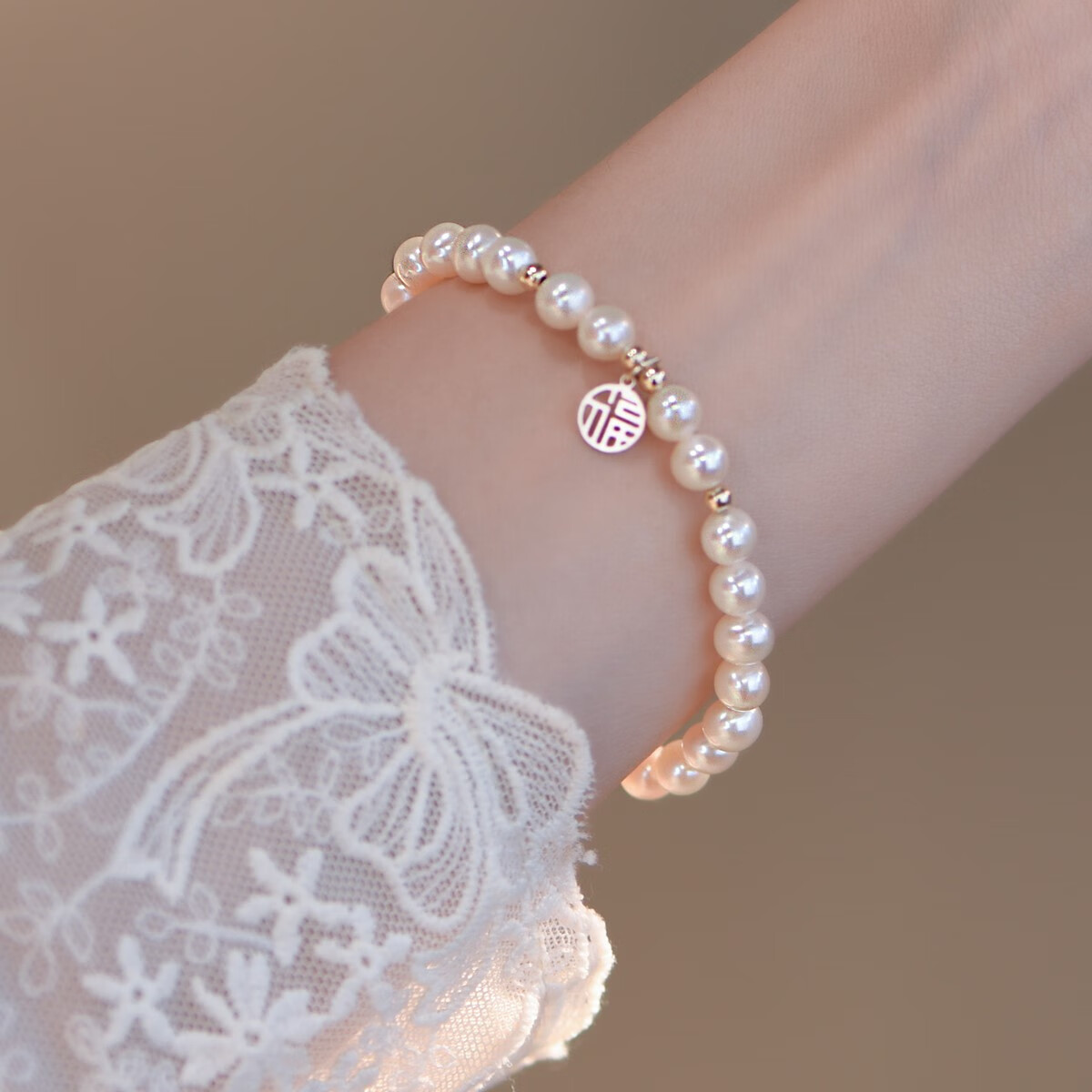 帛灵 安福牌淡水珍珠14k包金手链简约气质小众设计高级感冷淡风 福牌