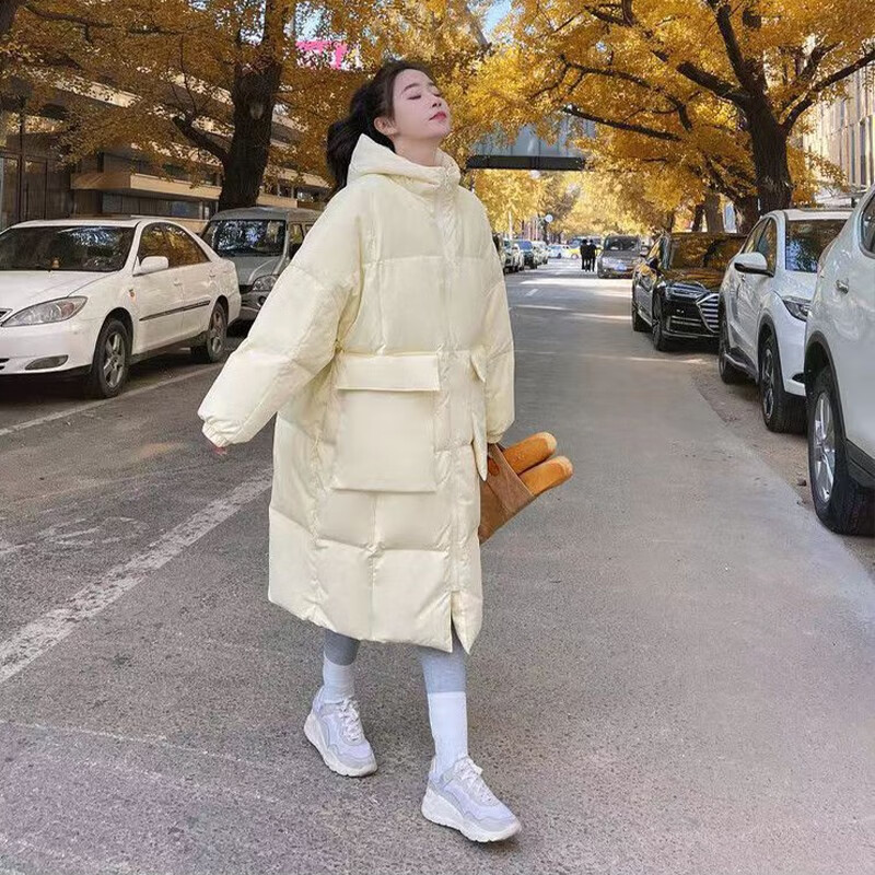 相伊恋人羽绒棉服女25年秋冬季中长款加厚棉衣外套新款宽松棉袄学生面包服 奶黄色 M 【适合100-120斤】