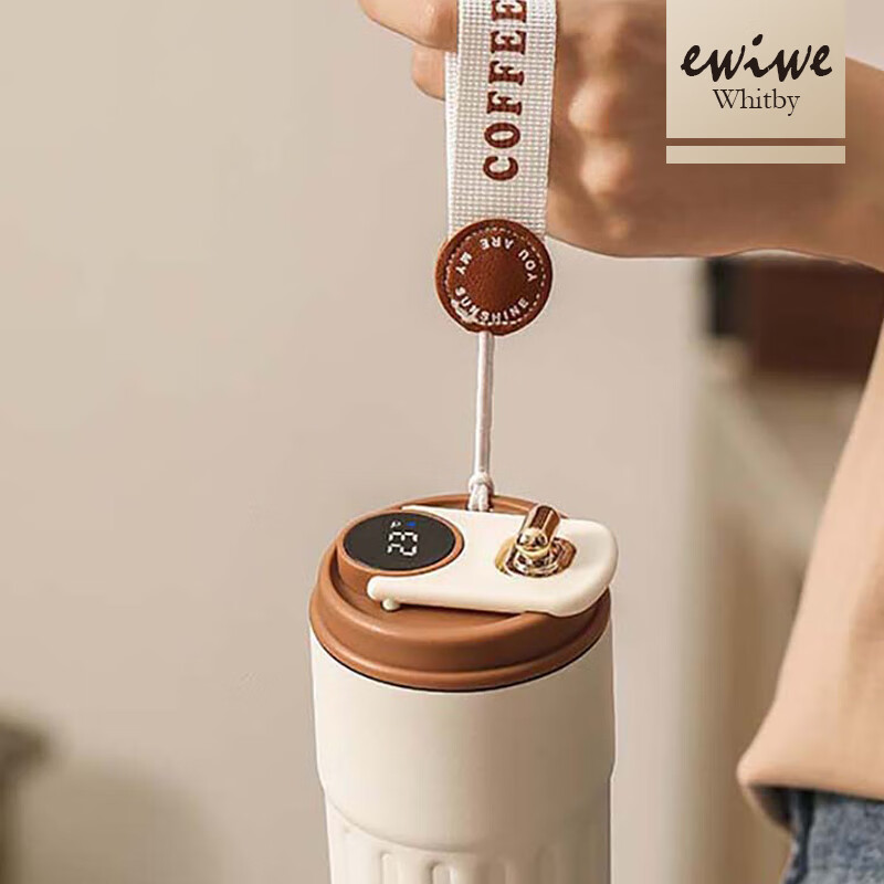 EWIWE复古智能显温咖啡杯一键推盖质感咖啡杯带提绳不锈钢材质办公室杯 咖白配色/约430ml