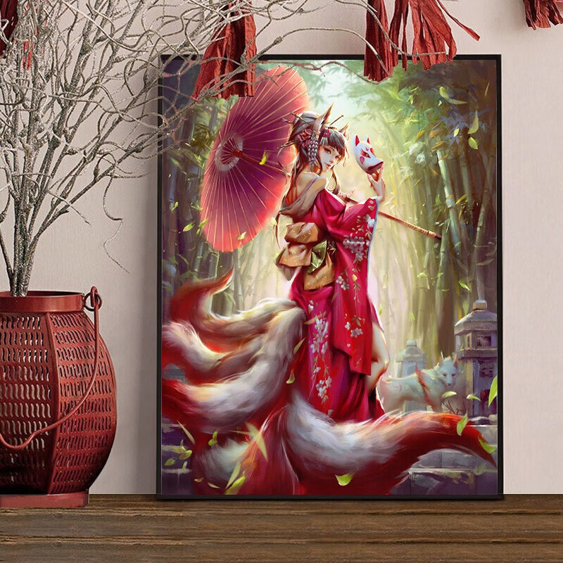 适用于 钻石画 古风美女姻缘尾狐满卡通动漫钻石贴钻画客厅玄关女孩