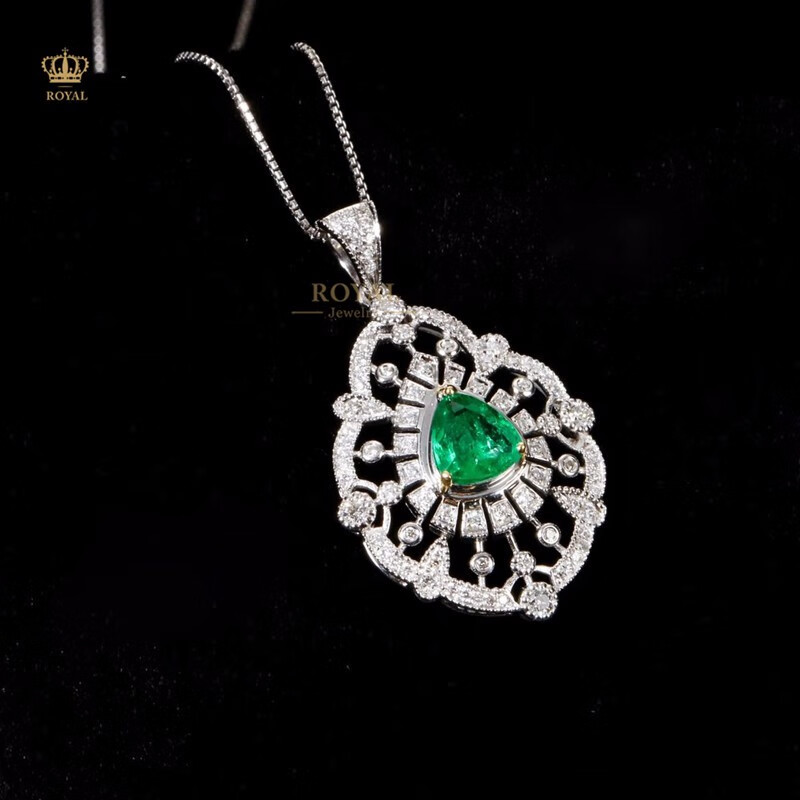 royalpick定制祖母绿项链吊坠水滴形钻石18k金送人女友老婆节生日结婚