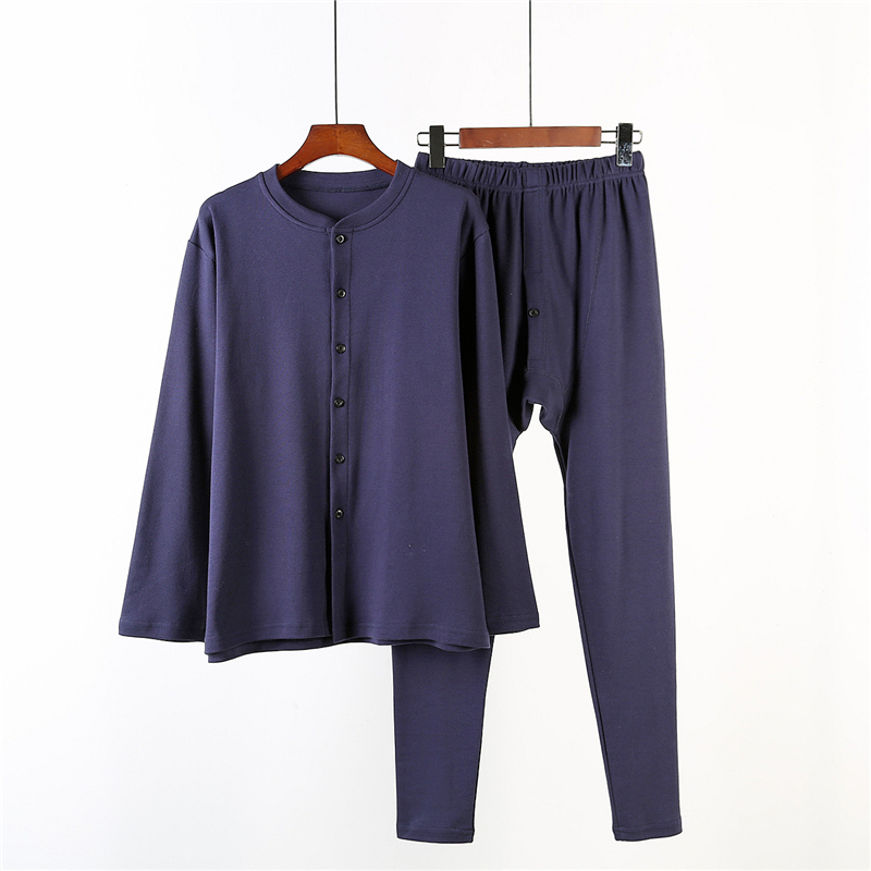 秋裤对襟开衫爸爸胖220斤套装 藏青套装 3xl(胸围110cm体重145-160斤)