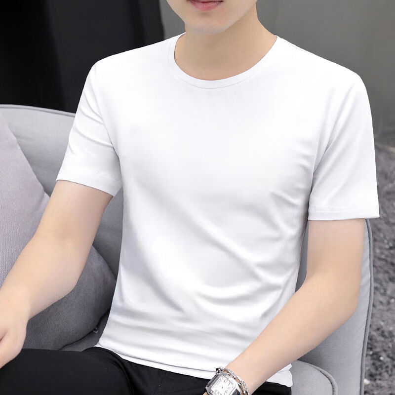 吻过 t恤男纯棉白色圆领夏天短袖t恤男纯色内搭半袖薄款打底衫男装
