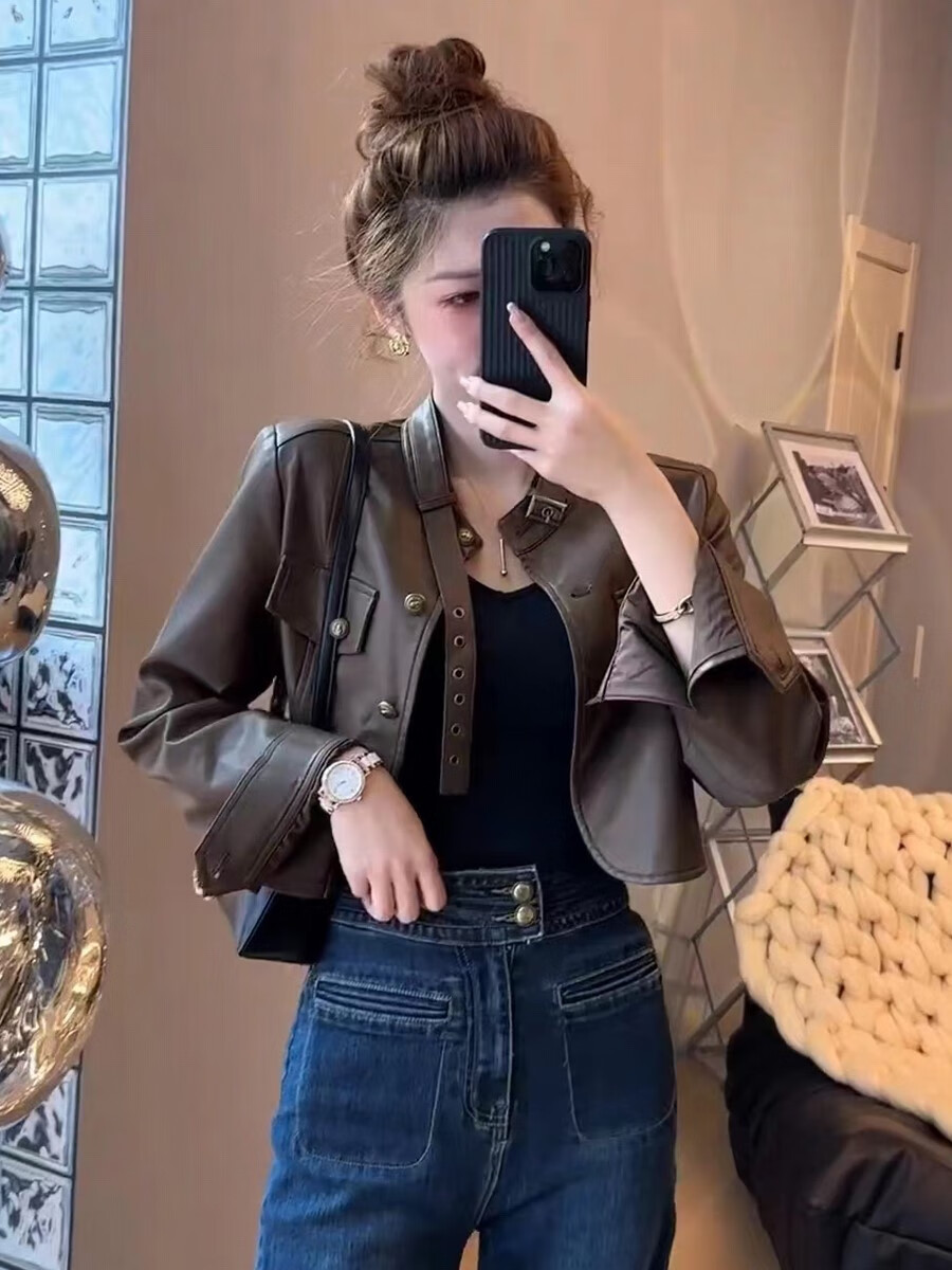 御姐感时尚小皮衣女小个子穿搭网红洋气休闲牛仔裤两 咖色短款皮衣 s