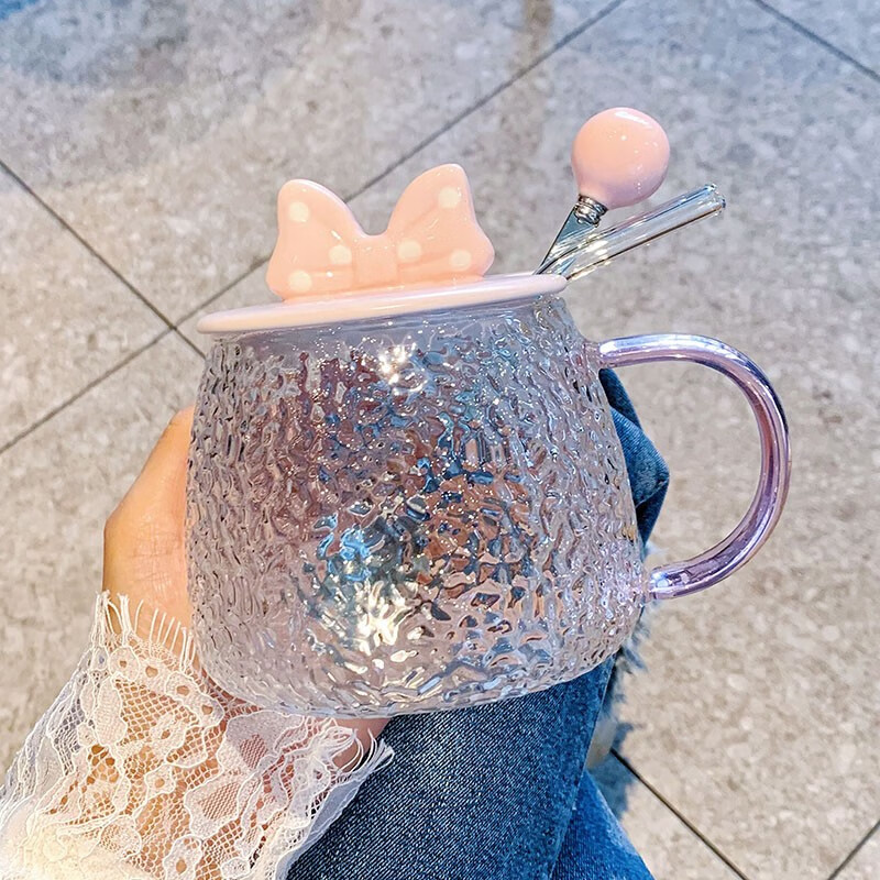 微光里玻璃水杯可爱创意马克杯带盖勺耐热女生家用杯子办公室咖啡早餐杯 粉色蝴蝶结锤纹（杯盖专属勺）