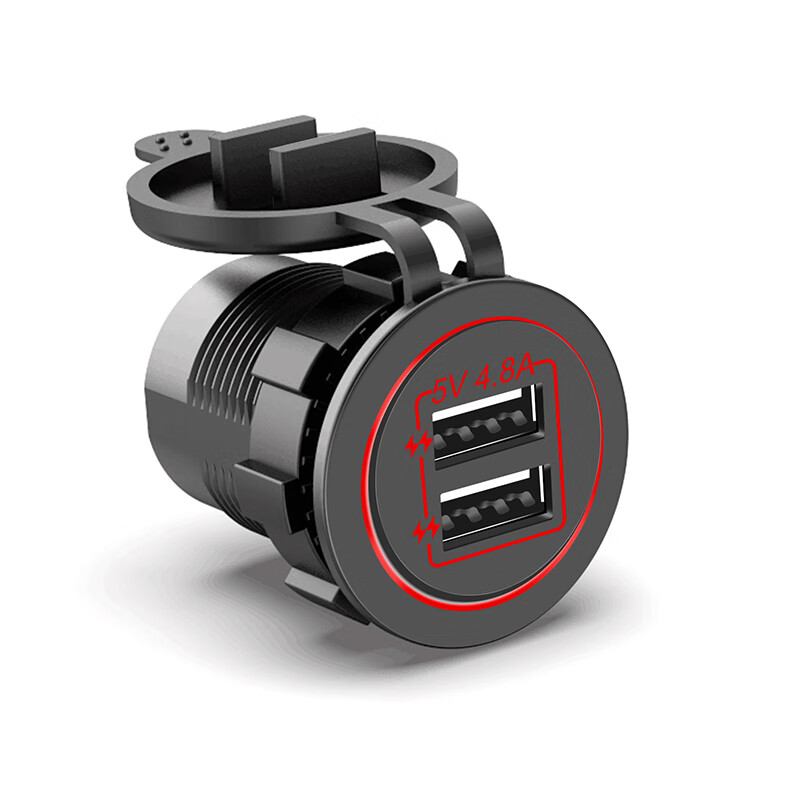 IZTOSS 汽车改装USB车充车载手机充电器4.8A摩托加装接口配件12V24V通用双光圈车充红色款配60CM线束