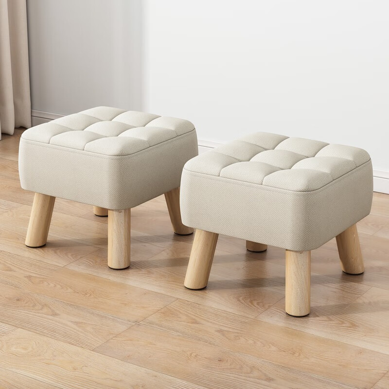 布艺矮凳子搁脚凳软包实木腿小孩坐墩客厅沙发凳 双倍快乐-米白26cm高