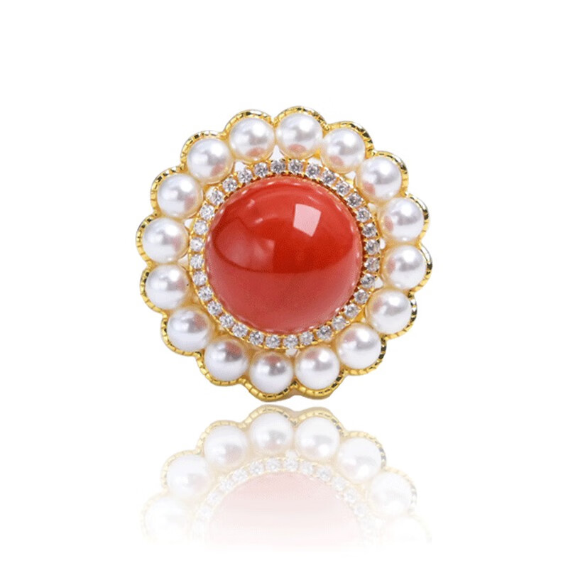 青鹊凰南红珍珠戒指 s925银镀金气质时尚流行戒圈可调节 天然南红珍珠