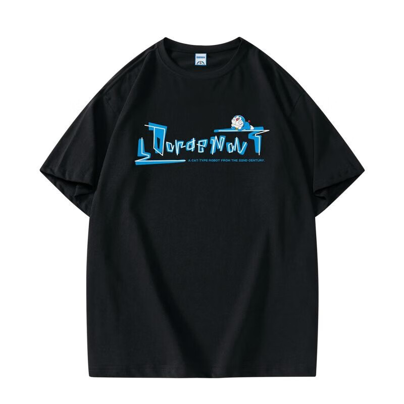 哆啦a梦(doraemon)趣味卡通品牌logo印花圆领宽松休闲短袖t恤 男女