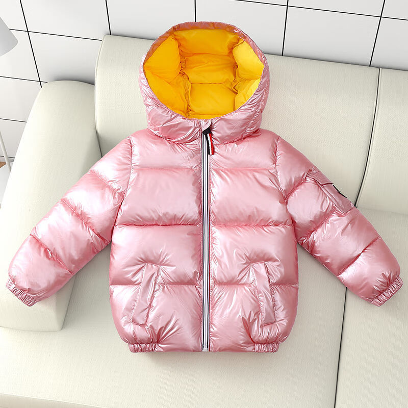 冬季新款儿童羽绒服大中小童宝宝男童女童装加厚亮面鸭绒外套 粉红色 120(偏小一码)