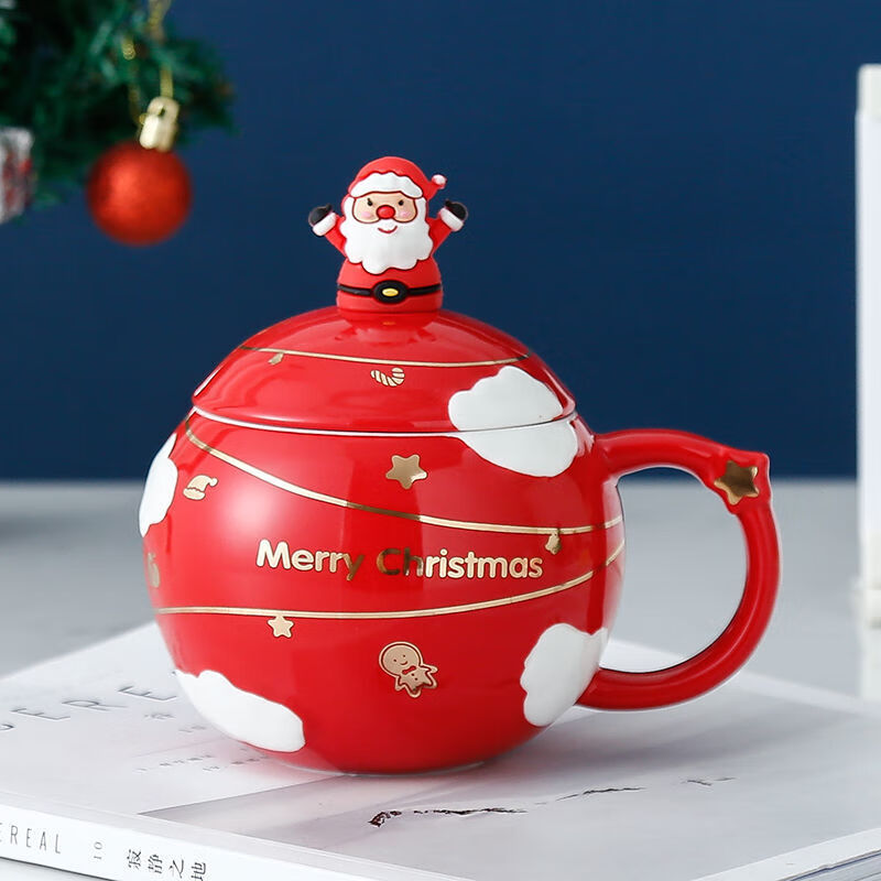 【现货直发】创意星球圣诞杯陶瓷马克杯带盖女生可爱情侣杯办公室喝水杯 圣诞杯-红色 带盖勺
