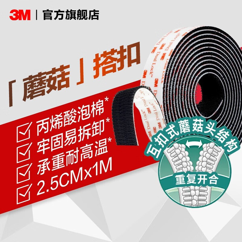 3M蘑菇搭扣 背膠尼龍扣汽車裝飾粘扣免打釘照片墻配件IATD YW 2.5CM*1M