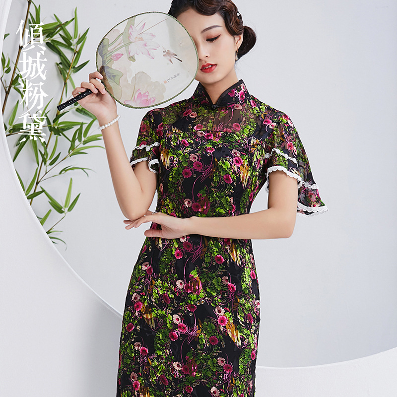 倾城粉黛真丝长款蕾丝花边手工盘扣半袖旗袍裙礼服气质春新款宴会定制