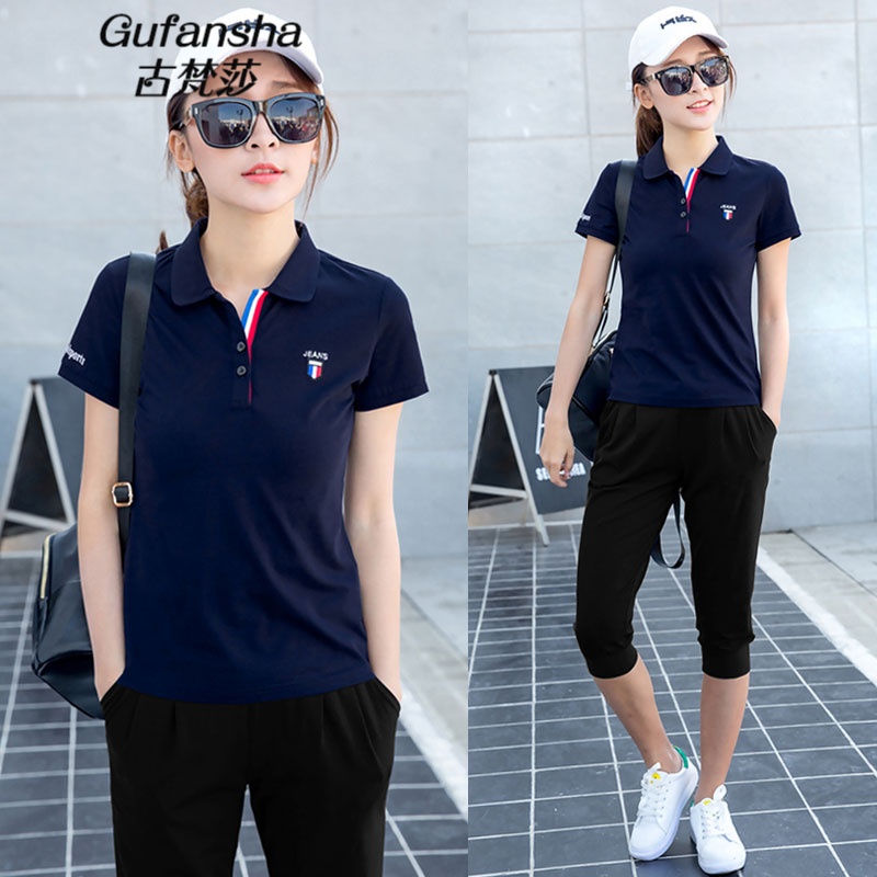 码运动服女休闲晨跑训练短袖t恤两件套 宝蓝色6162【套装-配黑色裤】