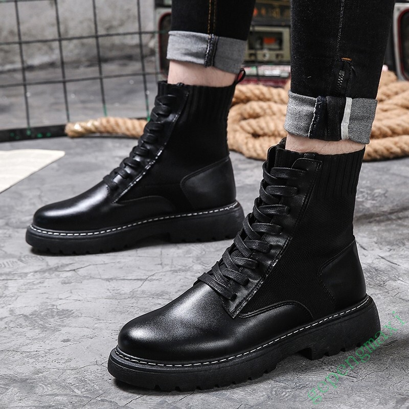 男生马丁靴绑鞋带系鞋带皮鞋高帮马丁靴男潮新款百搭中帮黑色皮靴潮流