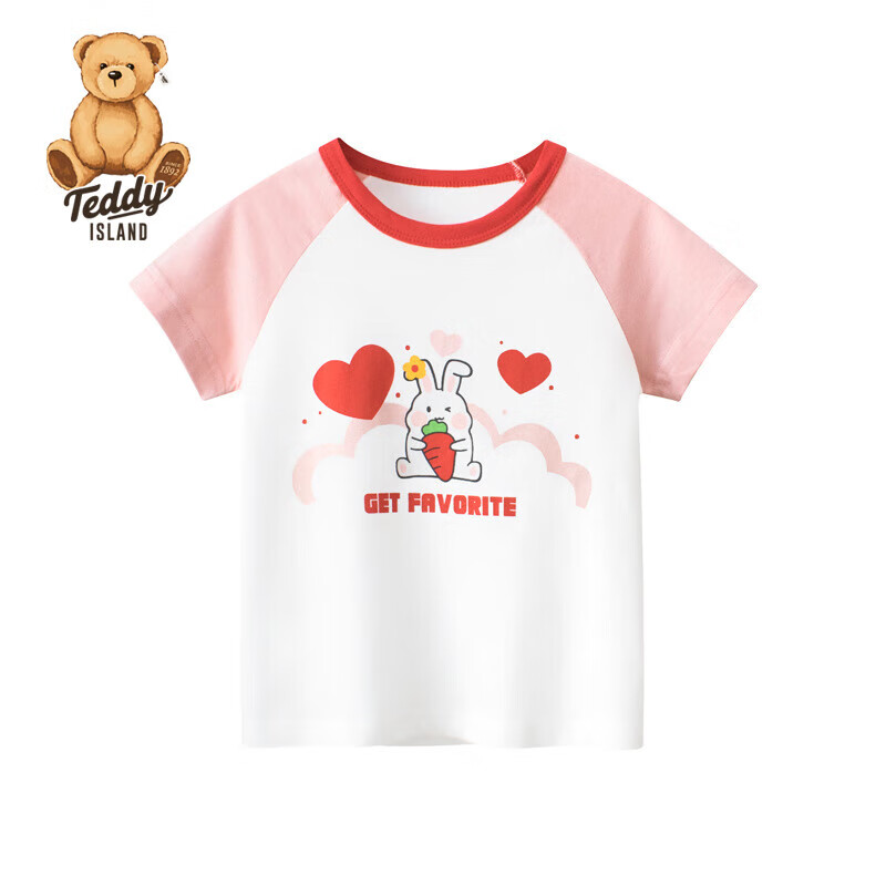 TEDDY ISLAND韩版童装夏季新品女童卡通动物宝宝衣服儿童短袖女小童休闲T恤 粉色小兔 130cm