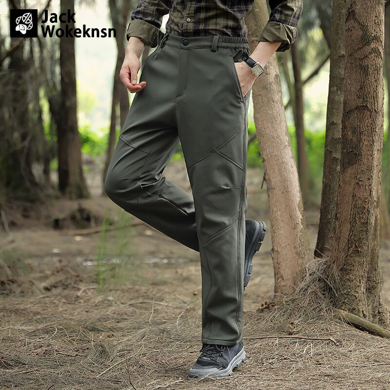 JACK WOKEKNSN狼爪云2023秋冬加绒加厚冲锋裤男户外防风防水战术长裤子男直筒裤 军绿 L
