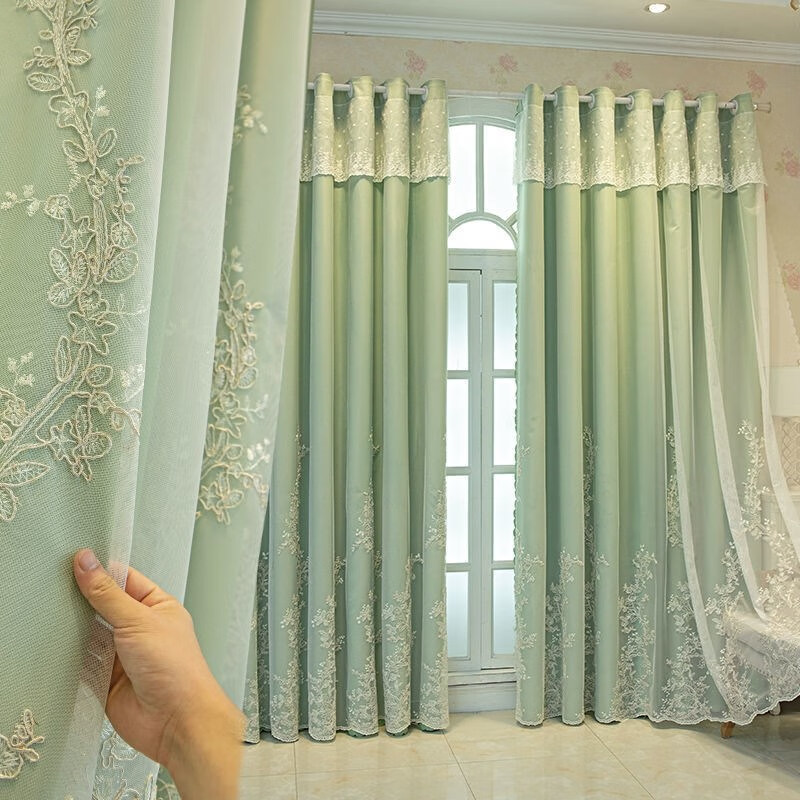 罔济双层绣花蕾丝双层全遮光客厅卧室飘窗窗帘纱帘 精灵仙子抹茶绿 宽