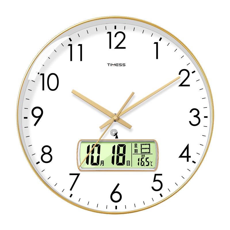 Timess掛鐘 鐘表客廳時鐘 簡約家用溫度萬年歷電波鐘掛表掛墻36cm