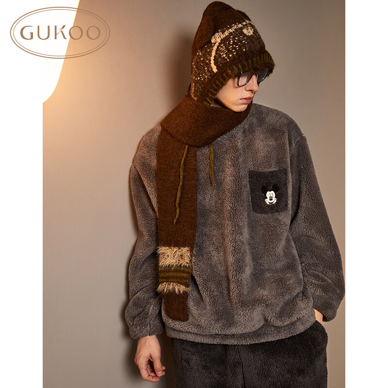 果壳（Gukoo）睡衣男冬季新款迪士尼系列保暖男士简约圆领家居服套装可外穿D  雾灰套装 XL