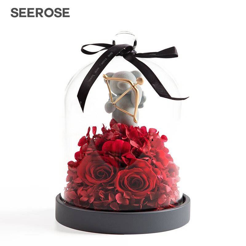 西罗斯（SEEROSE）永生花丘比特熊保鲜玫瑰花束520情人节送女生朋友表白生日礼物 丘比特熊-嫣红(不支持代写贺卡)